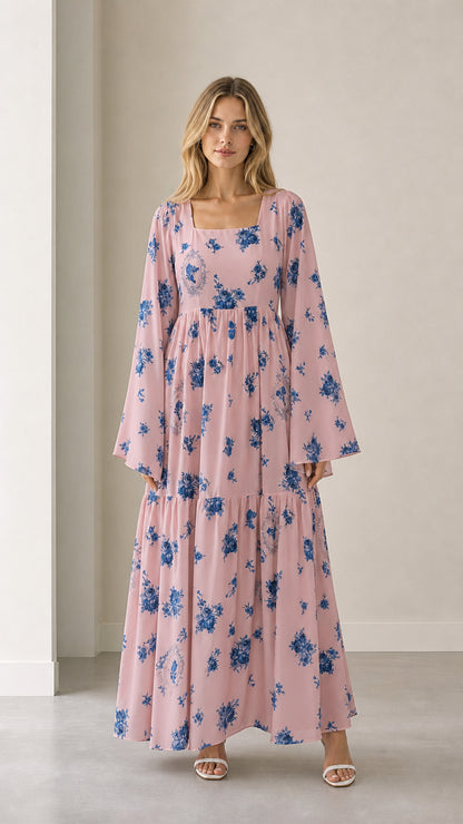 Pink floral square neck long sleeve tiered maxi dress