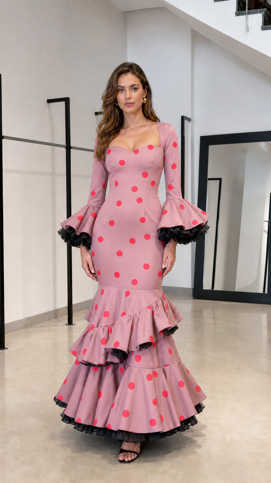 Pink and red polka dot mermaid maxi dress with black accent ruffles