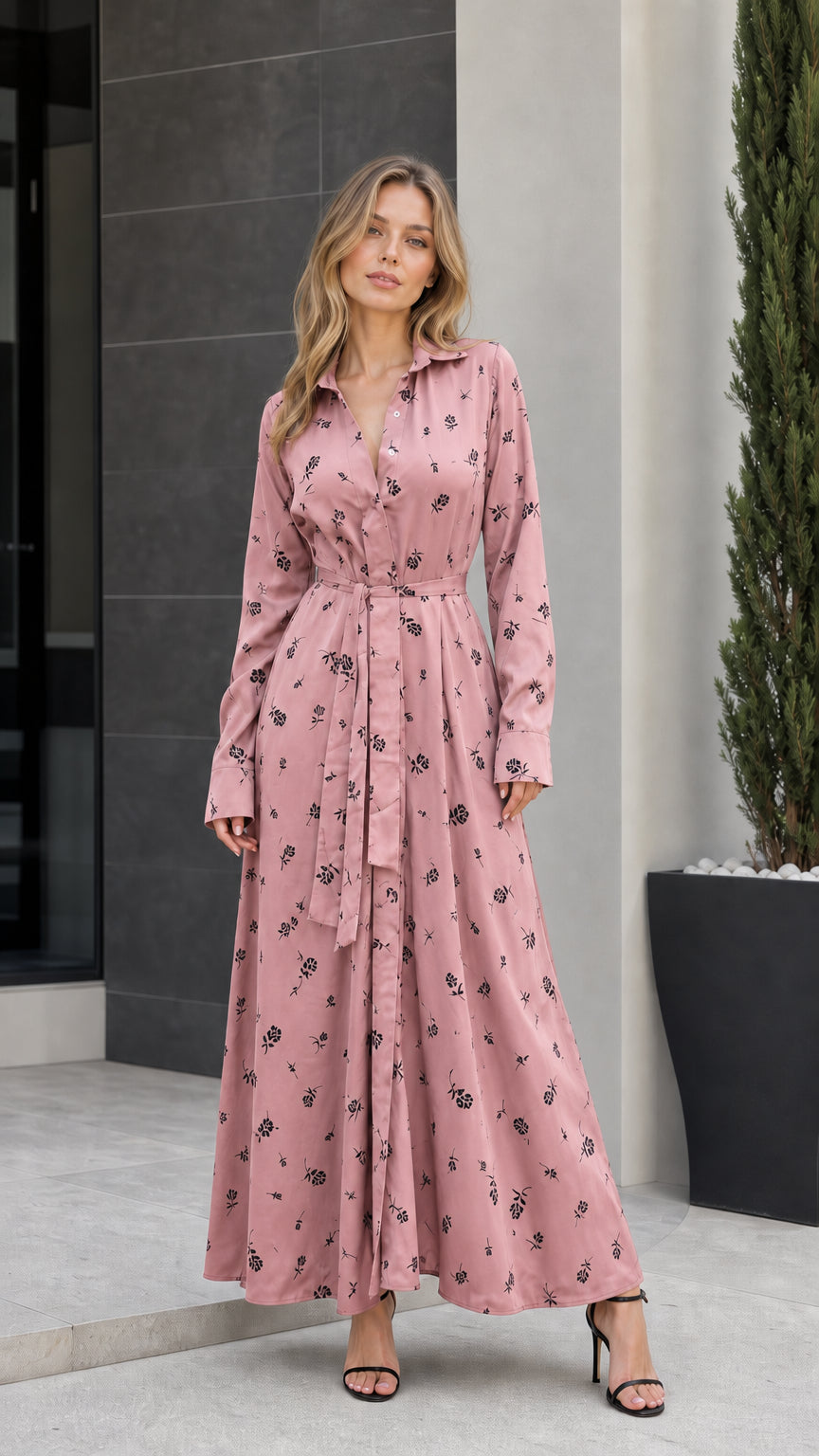 Front view of woman wearing pink floral long-sleeve maxi dress
