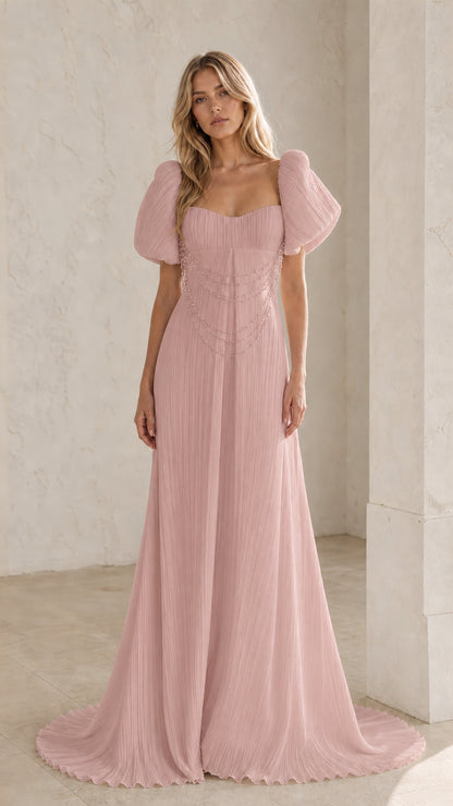 Front view of Pink pearl draped pleated maxi dress