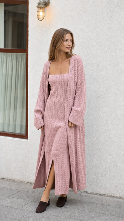 Model wearing Dusty Pink two-piece cable knit maxi dress and matching cardigan