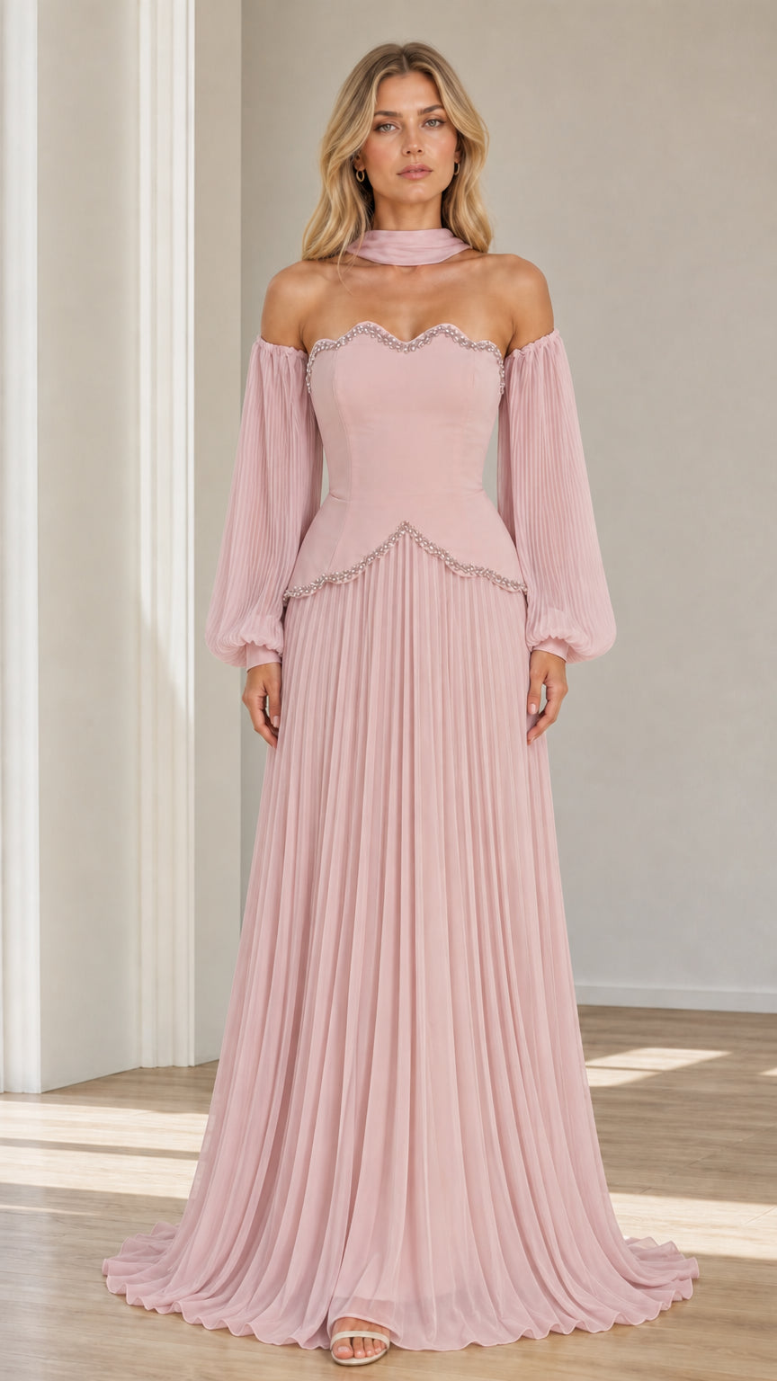 Front view of blush pink off-the-shoulder beaded scalloped pleated maxi evening gown