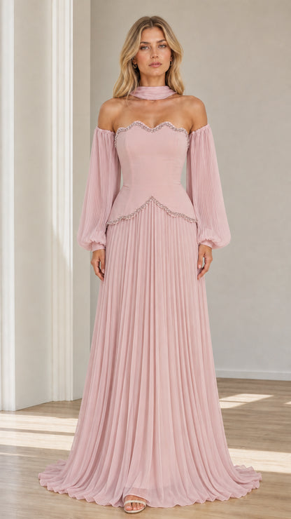Front view of blush pink off-the-shoulder beaded scalloped pleated maxi evening gown