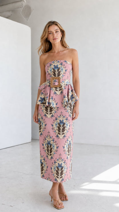 Full length view of model in pink strapless floral midi dress