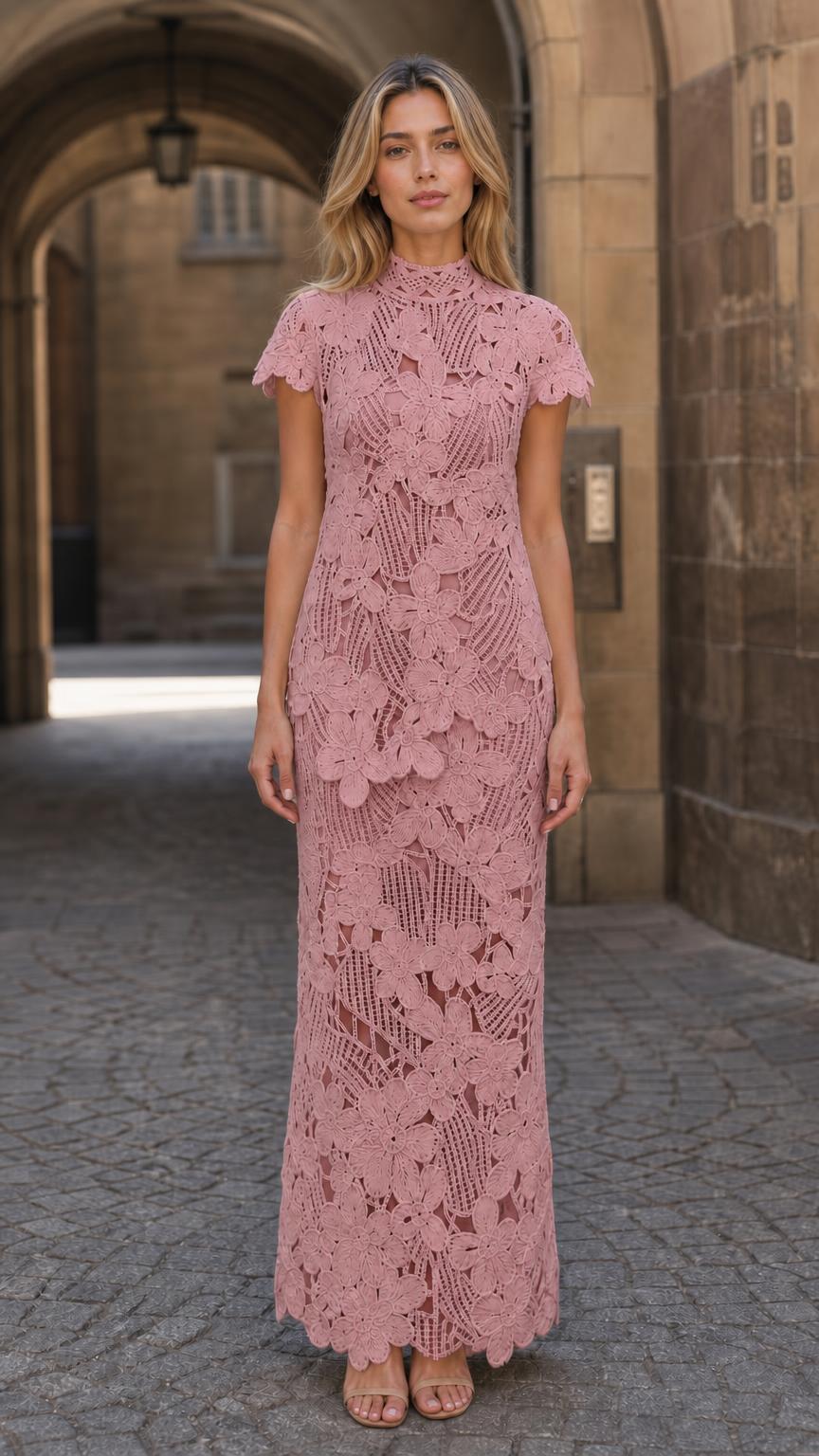 Front view of dusty rose floral crochet lace maxi dress
