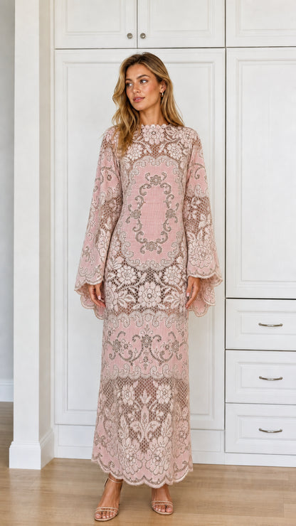Front view of Pink long sleeve lace maxi dress