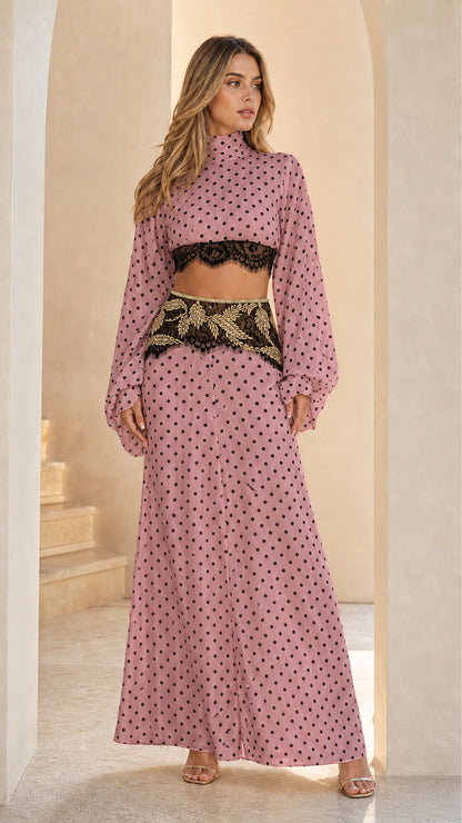 Dusty pink polka dot crop top and maxi skirt two-piece set with black lace trim