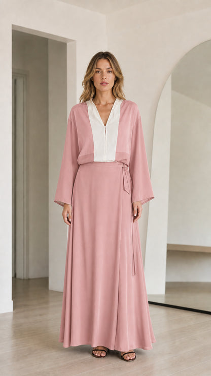 Model wearing Dusty Pink and white contrast long sleeve maxi dress