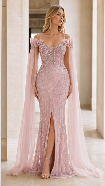 Pink color variant of the beaded mermaid evening dress