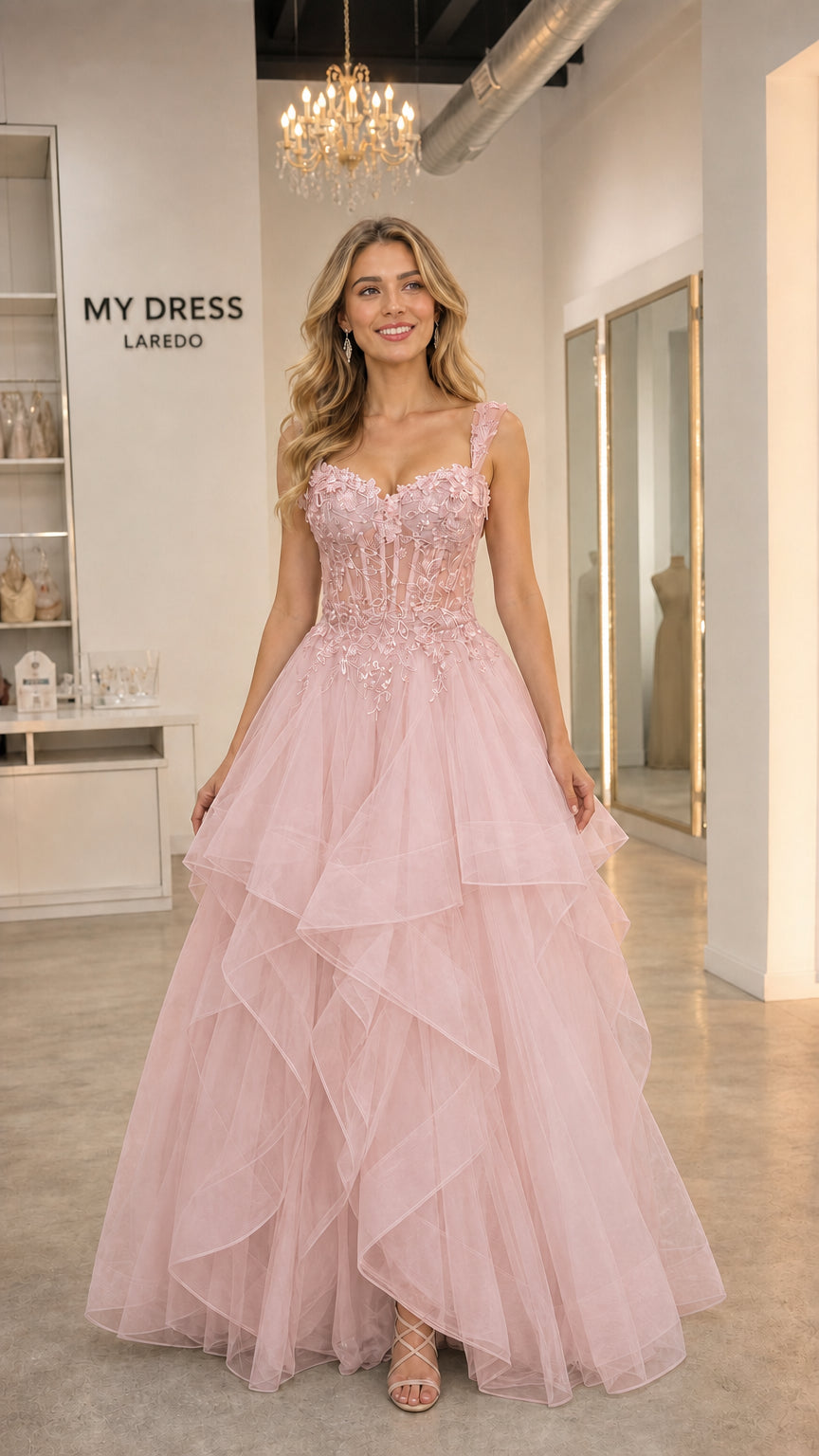 Front view of pink tulle ball gown