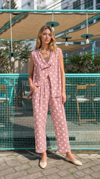 Model wearing pink polka dot matching set