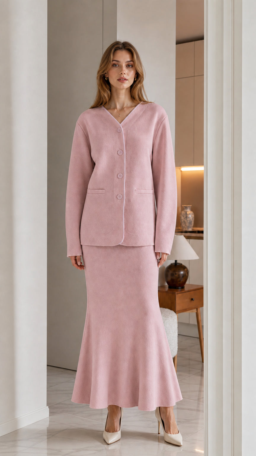 Full front view of model wearing dusty pink V-neck cardigan and matching knit skirt set