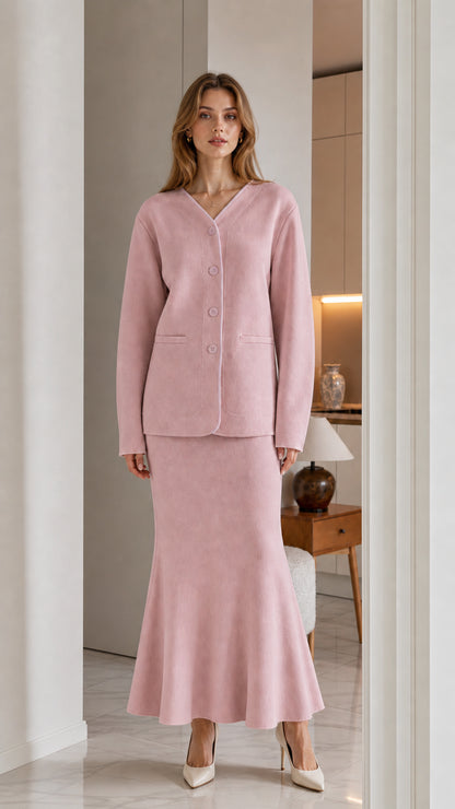 Full front view of model wearing dusty pink V-neck cardigan and matching knit skirt set