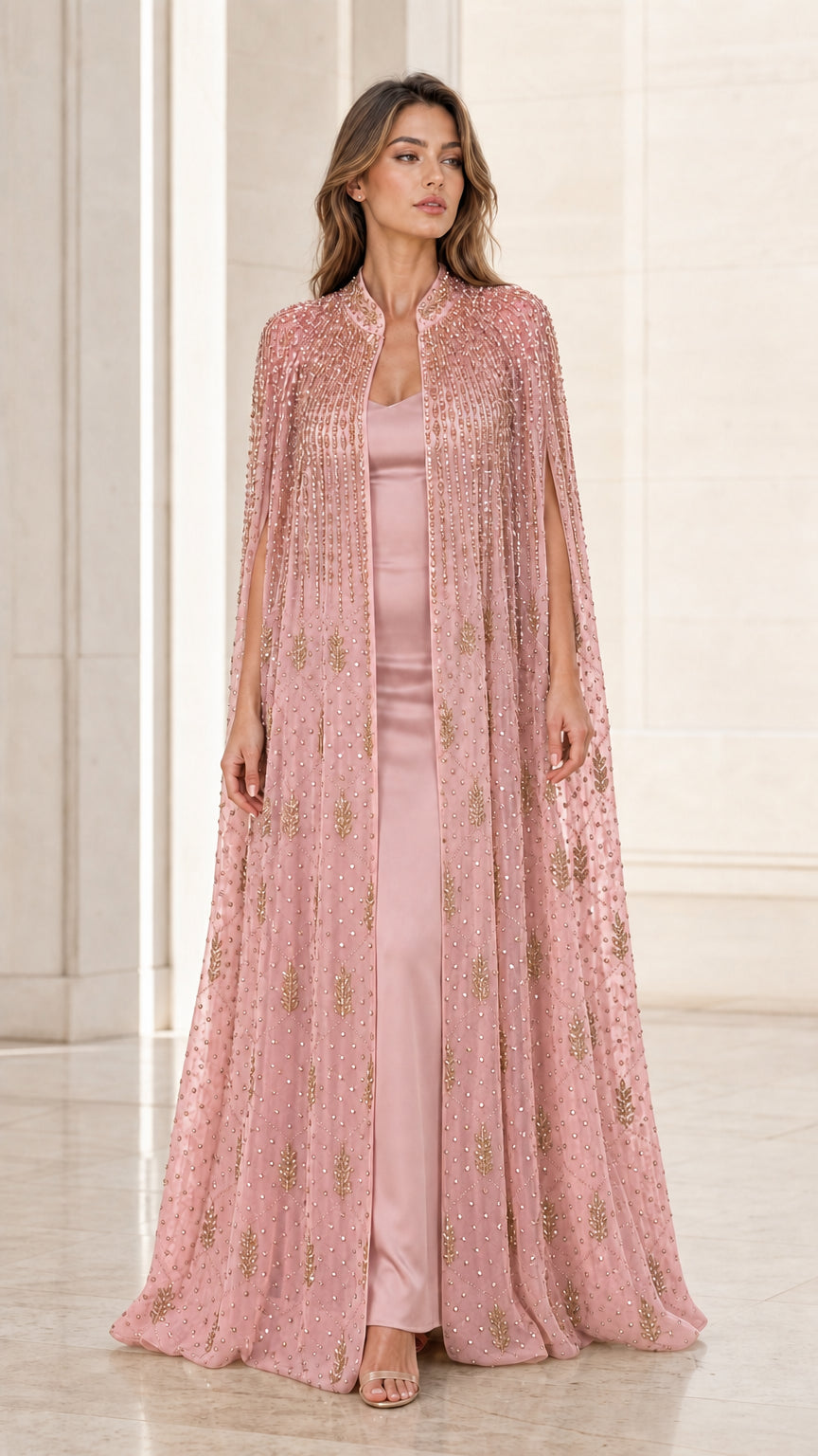Model wearing dusty pink floor-length beaded cape evening gown