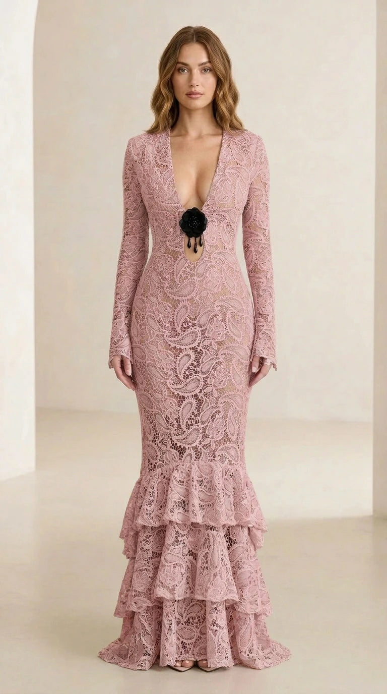 Front view of model wearing dusty pink floral lace long-sleeve maxi dress