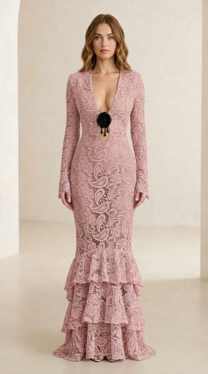Front view of model wearing dusty pink floral lace long-sleeve maxi dress