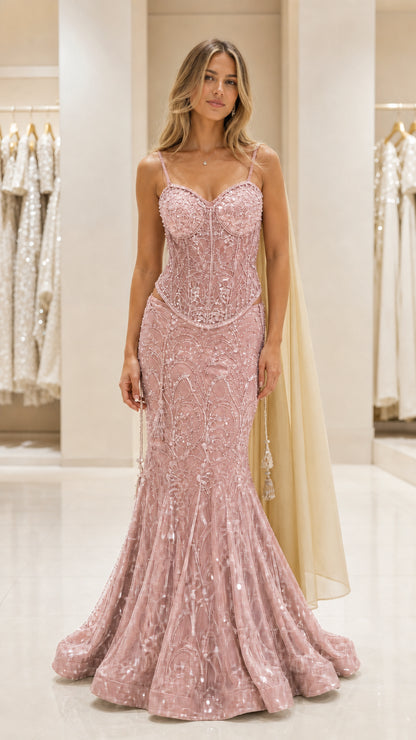 Full front view of the pink sequin mermaid evening gown