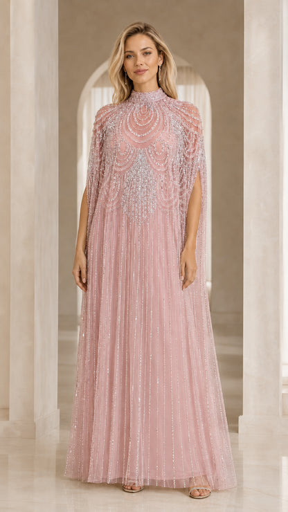 Dusty pink high neck beaded cape evening gown