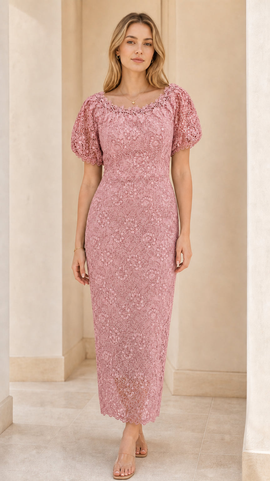 Front view of woman wearing dusty pink floral lace midi dress