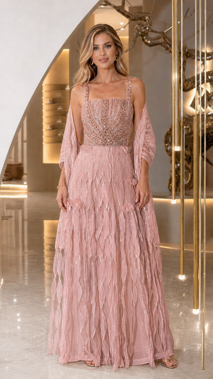 Front view of pink sequin evening gown with matching wrap
