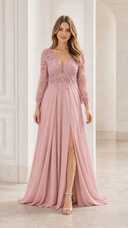Full front view of the dusty rose evening gown
