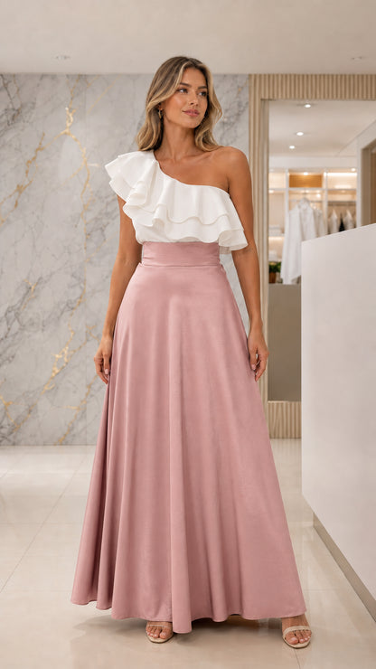 Full-length front view of dusty pink and white two-tone maxi dress