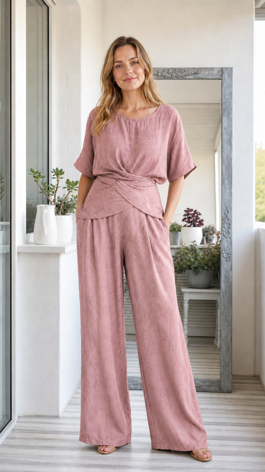 Model wearing dusty rose two-piece short sleeve twist top and wide leg pants set