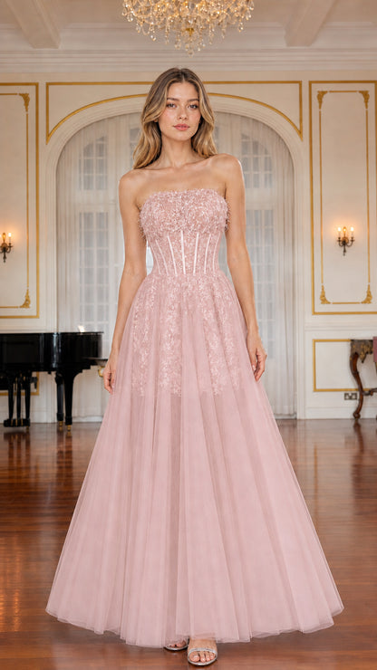 Model wearing dusty pink strapless lace corset evening gown