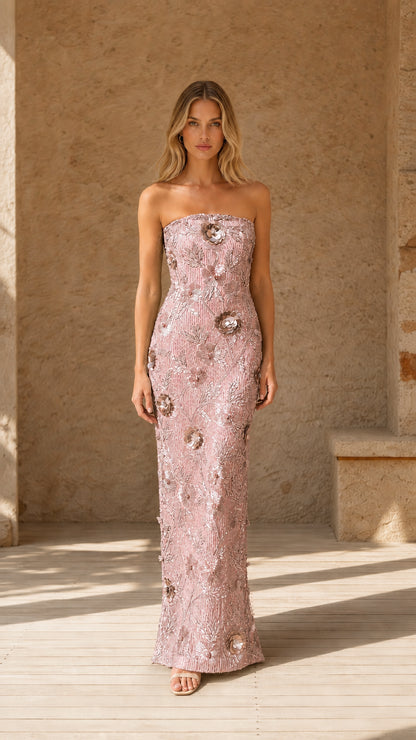 Front view of model wearing Blush Pink floral sequin column evening dress