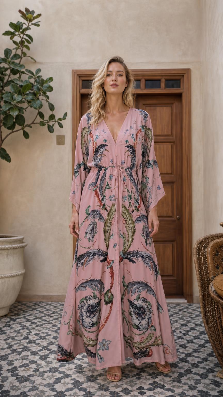 Model wearing pink boho floral maxi dress