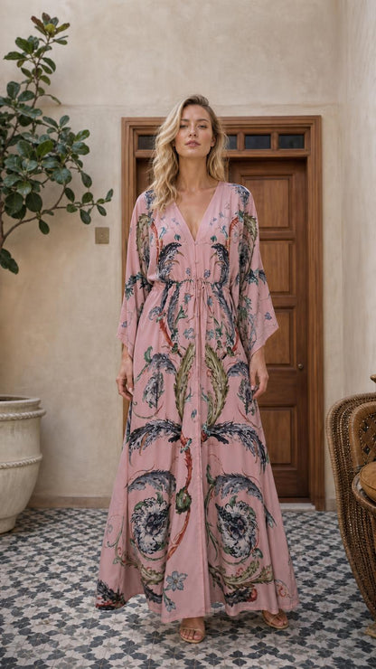 Model wearing pink boho floral maxi dress