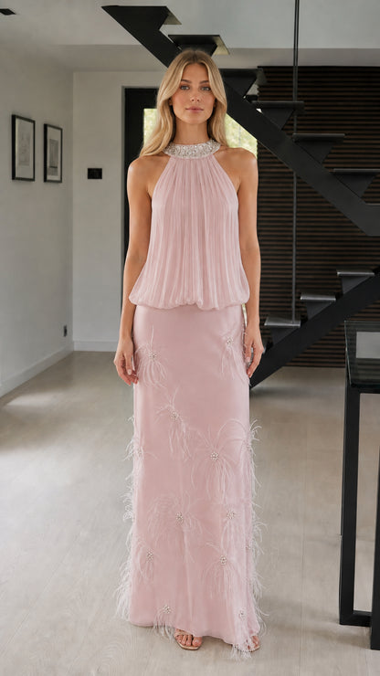 Front view of pink formal maxi dress