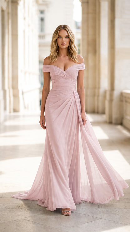 Front view of blush pink off-the-shoulder evening gown