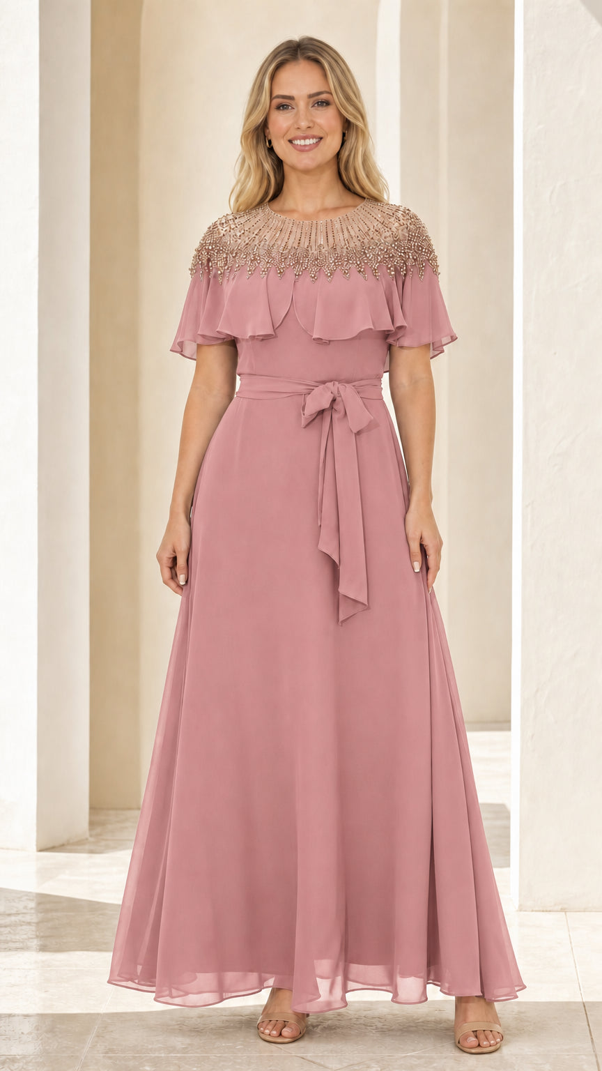 Front view of dusty rose evening maxi dress