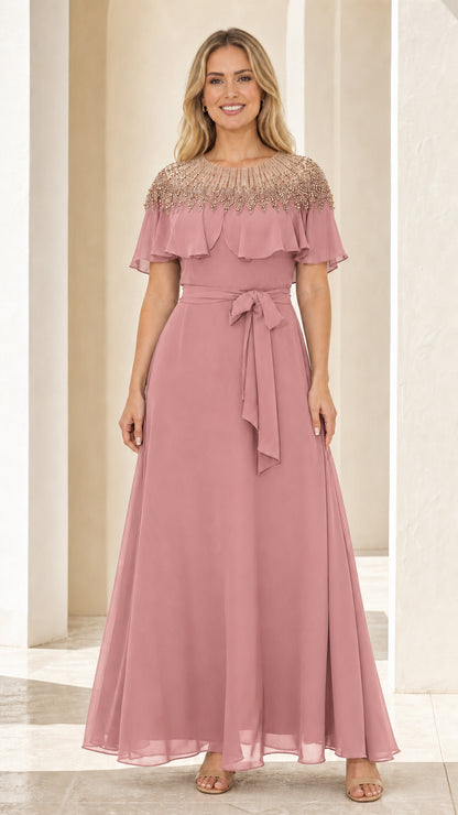Front view of dusty rose evening maxi dress