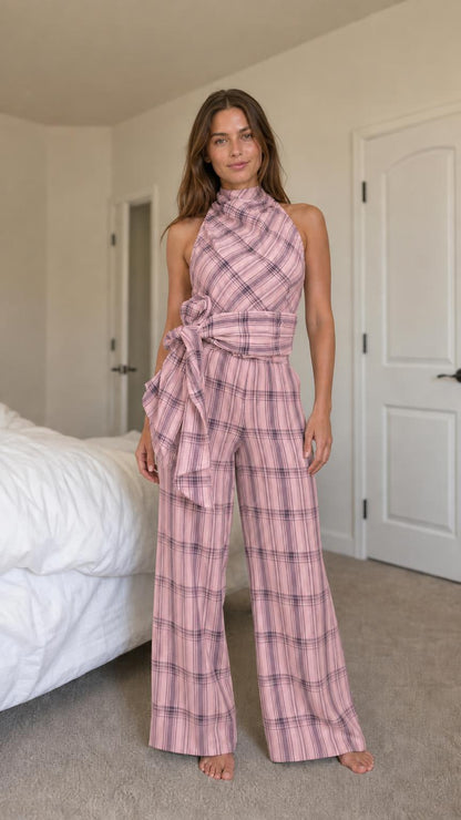Model wearing pink plaid halter neck jumpsuit