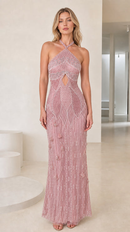 Front view of pink beaded halter neck evening dress