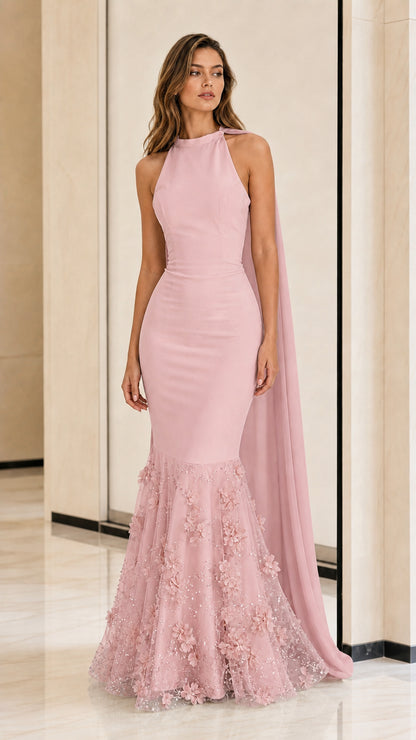 Front view of dusty pink halter mermaid evening dress with cape