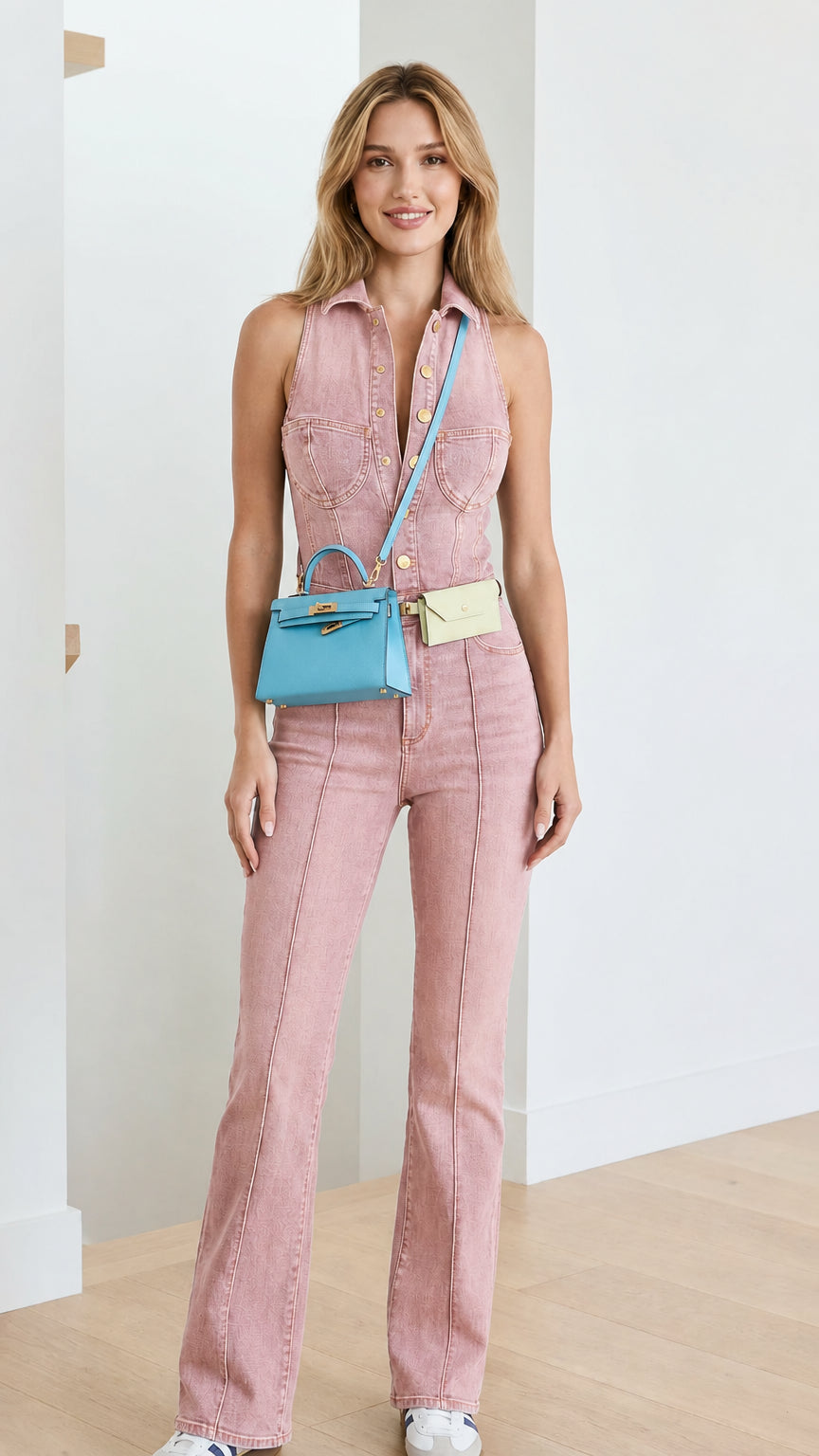 Model wearing pink denim flare jumpsuit