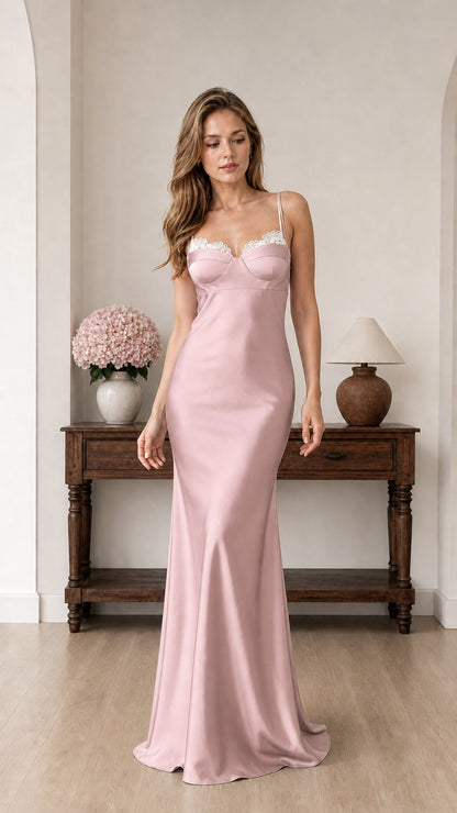 Front view of dusty pink satin evening dress