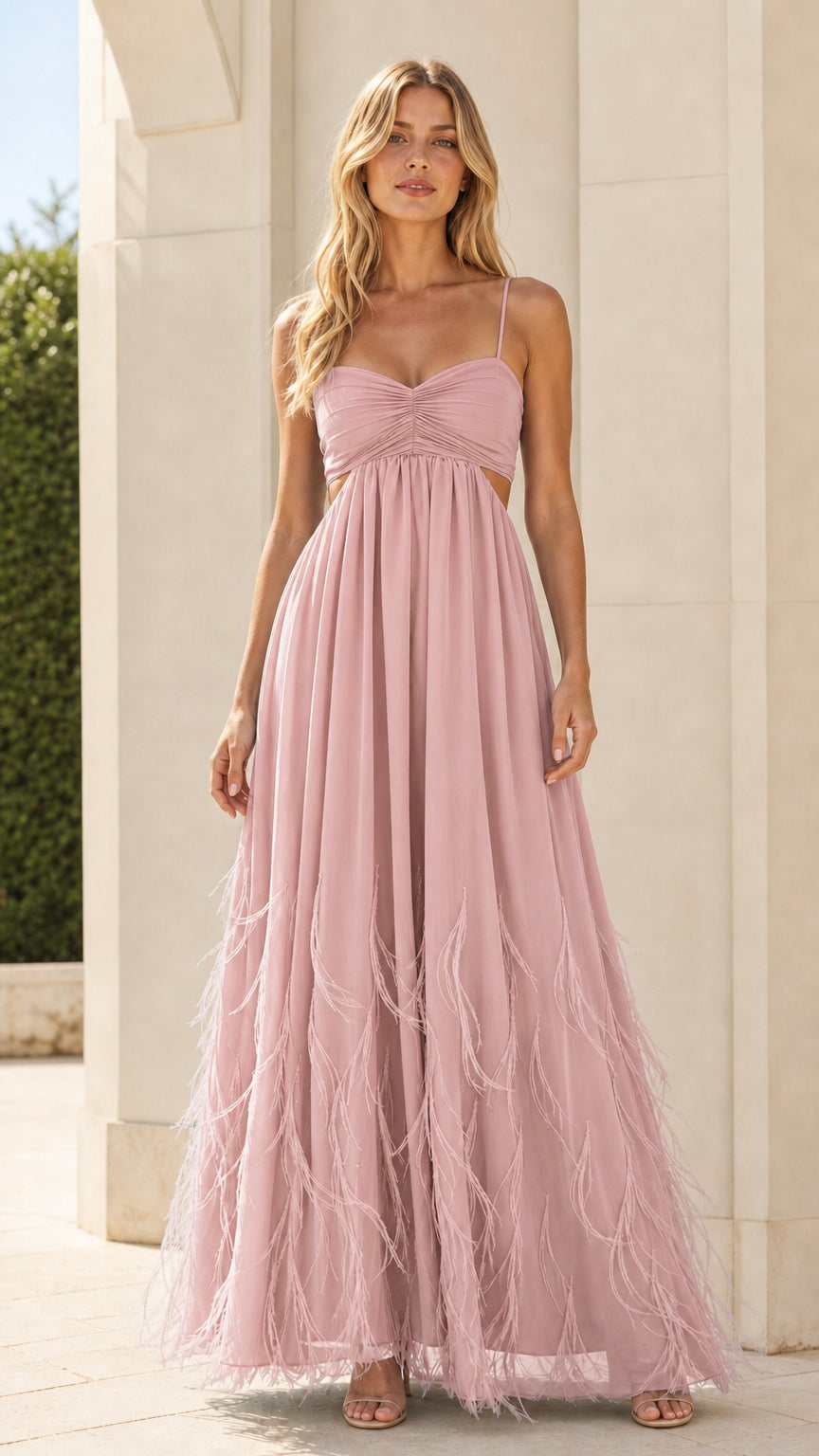 Model wearing pink variant of the feather trim maxi dress