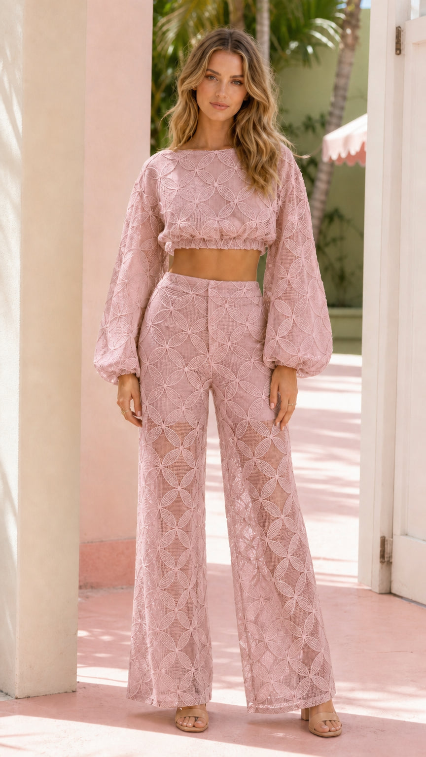 Front view of model wearing dusty pink textured lace two-piece set