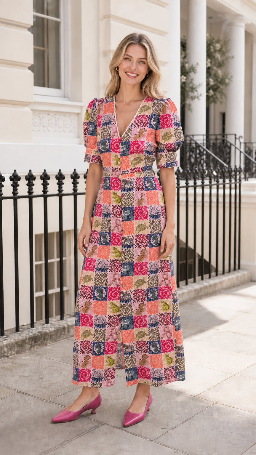 Woman wearing pink-based patchwork midi dress outdoors
