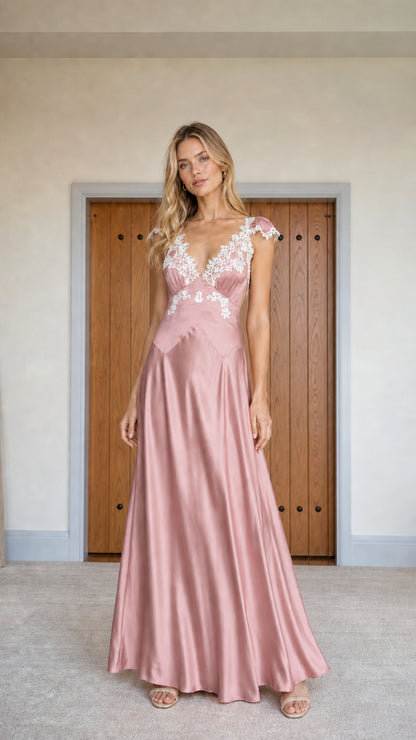Full view of pink satin lace-trim maxi dress variant