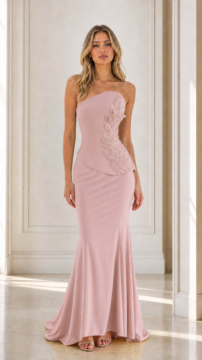 Front view of pink strapless beaded mermaid evening dress