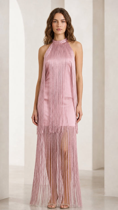 Front view of pink color variant of fringe maxi dress