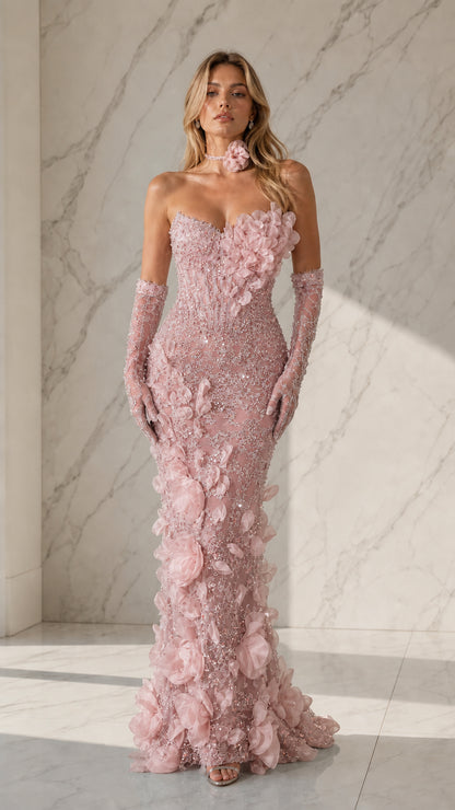 Soft pink evening gown with matching floral appliqués