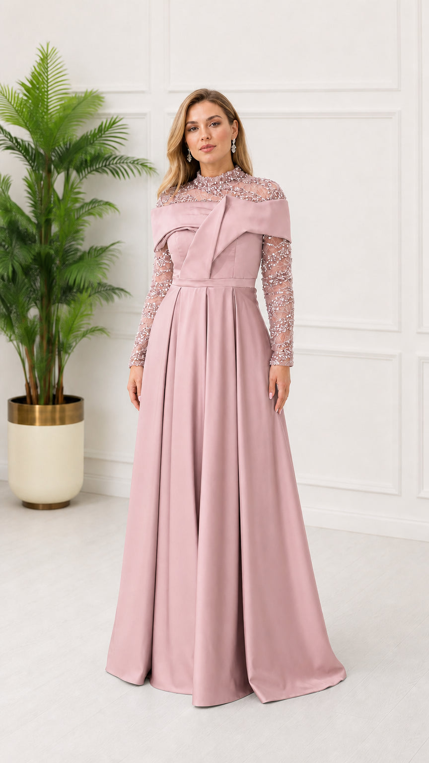 Front view of dusty rose long sleeve evening dress
