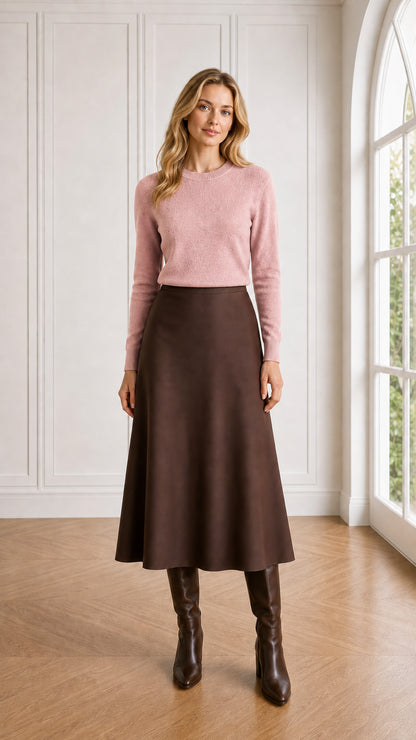 Model wearing dusty pink long sleeve crewneck sweater with brown skirt