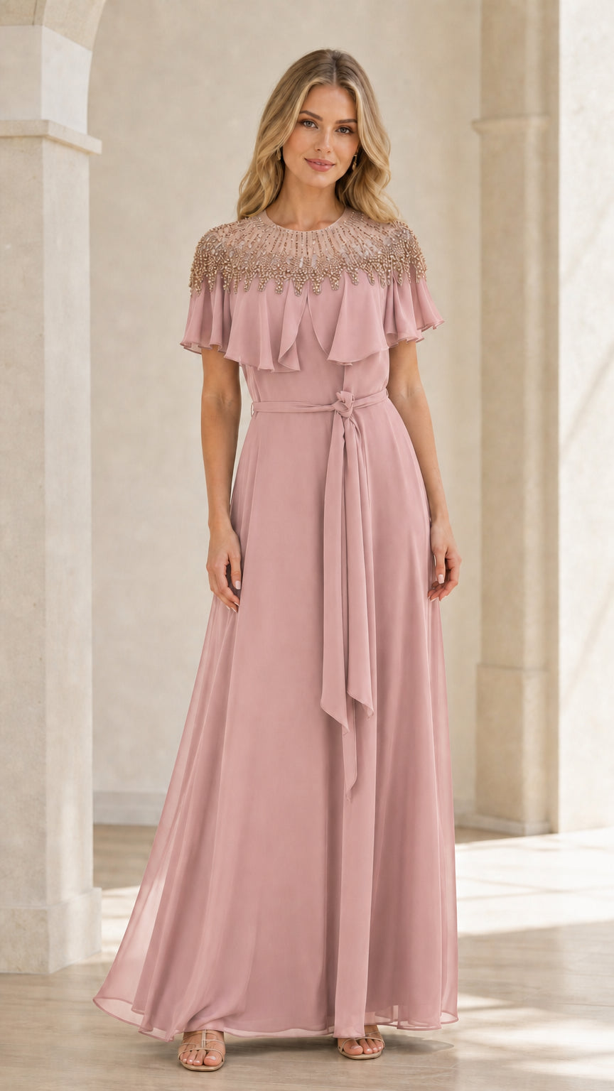 Front view of pink beaded capelet maxi dress